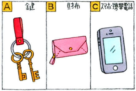 Aは鍵、Bは財布、Cはスマホのイラスト