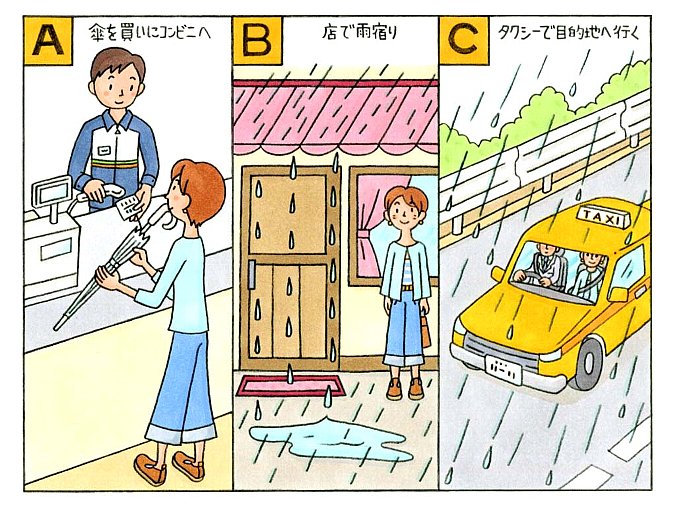 コンビニで傘を買っている女性、店先で雨宿りをしている女性、タクシーに乗っている女性のイラスト