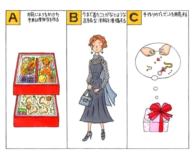 弁当と女性とプレゼントのイラスト