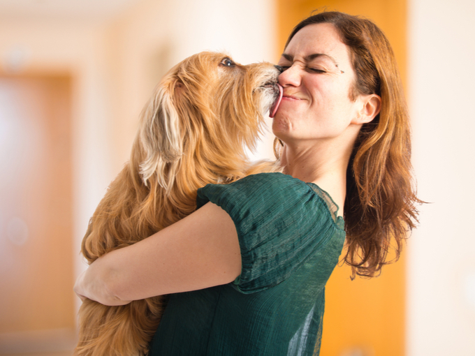 ペットの犬を抱き上げる女性