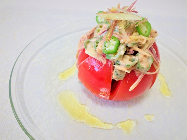 オクラとみょうがの食べるオーロラソース！「贅沢トマトサラダ」 #今日の作り置き