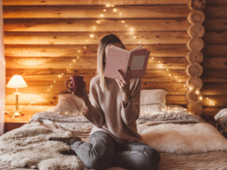 ベッドの上で読書をする女性