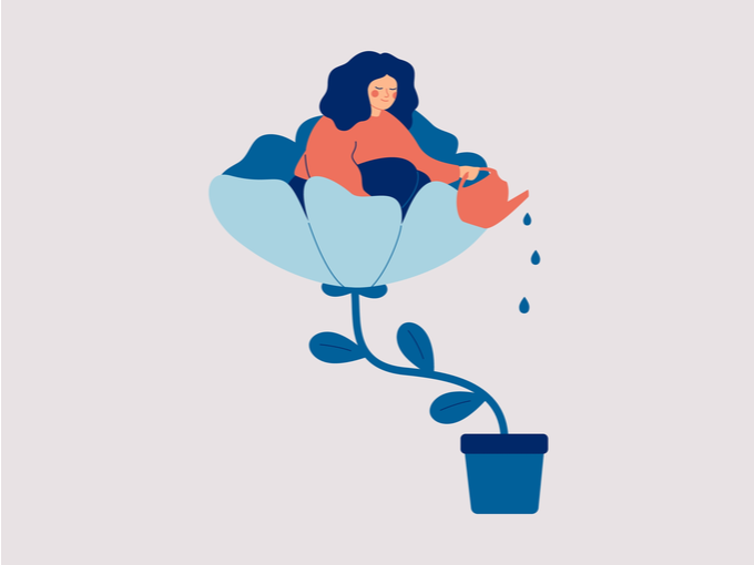 自分にたとえた植物に水を与えている女性のイラスト