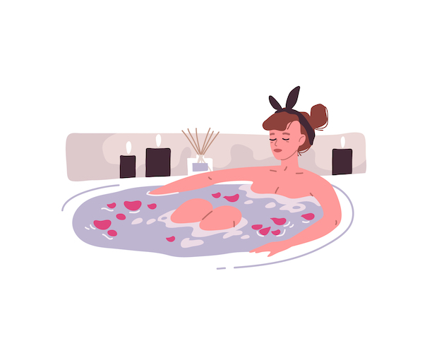 浴槽に花びらを浮かべて入浴している女性のイラスト