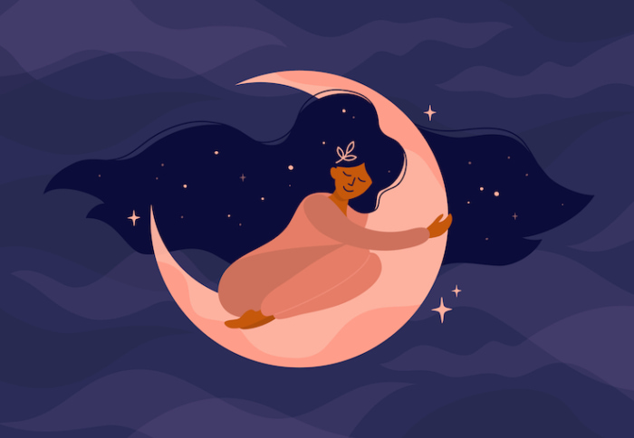 月の上で眠っている女性のイラスト