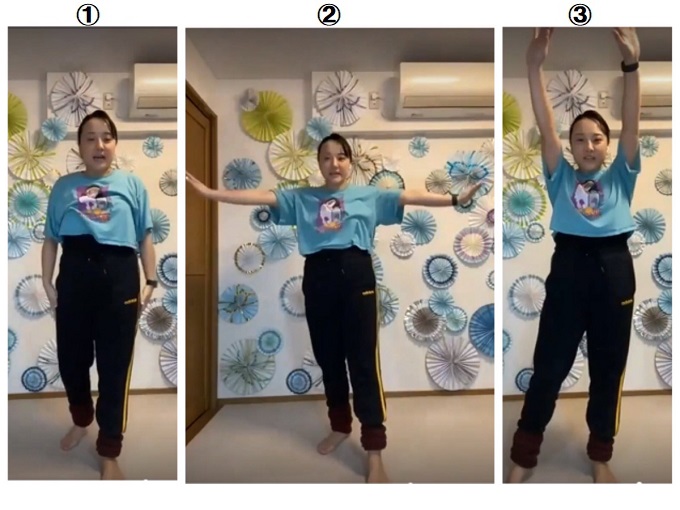 （１） 【ステップ２】の動きをベースに手首の動きも合わせて行います。 両手を伸ばした状態で、頭の上→肩と同じ高さ→太もものわきの順番で移動させます。