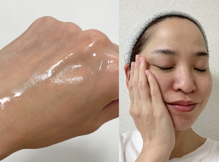 「ロート製薬 メラノCC 化粧水」を手の甲と肌につける