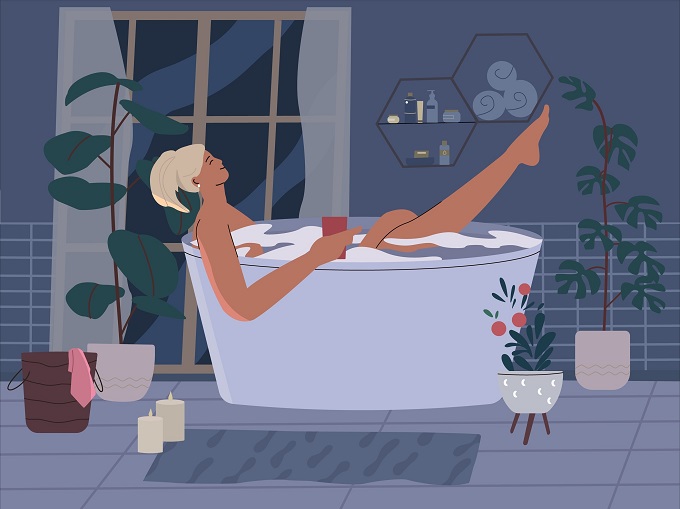 暗めの浴室で湯船に浸かる女性のイラスト