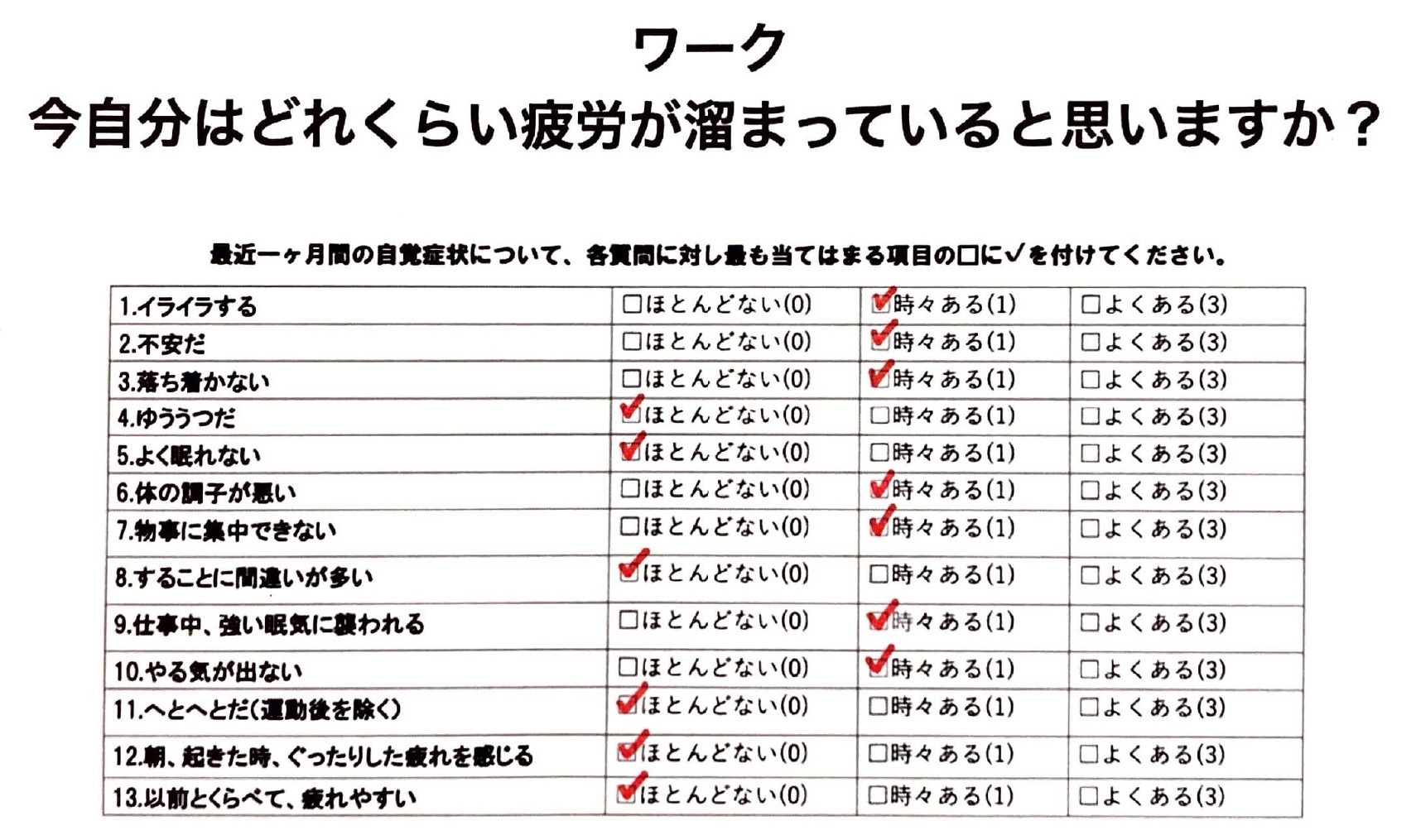 厚生労働省 疲労度チェックリスト（体験会で使用した資料より）