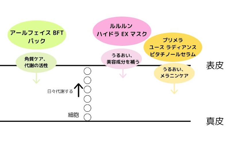 アイテムが肌に与える効果を記した図 