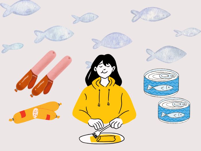魚肉ソーセージや魚缶詰、食べる女性のイラスト