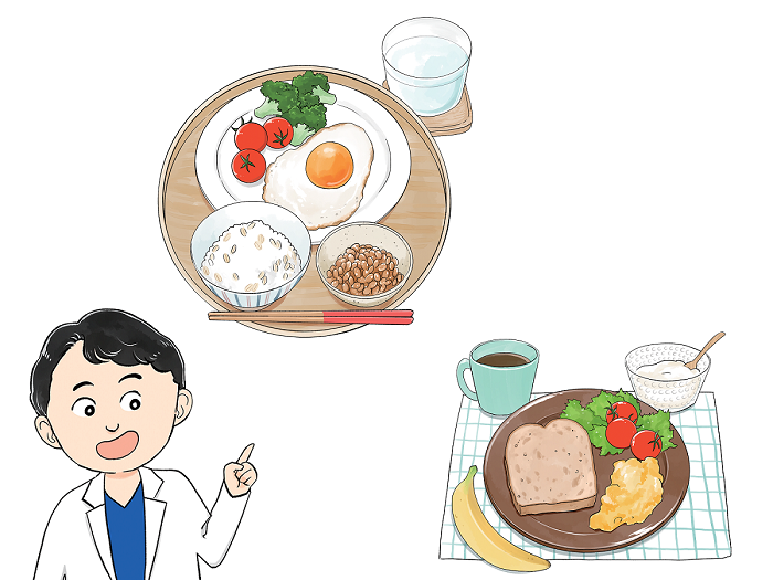 ご飯を食べて、脂肪を落とす! 朝たんぱく質&食物繊維の「やせる食事」朝昼編 食事のイラスト