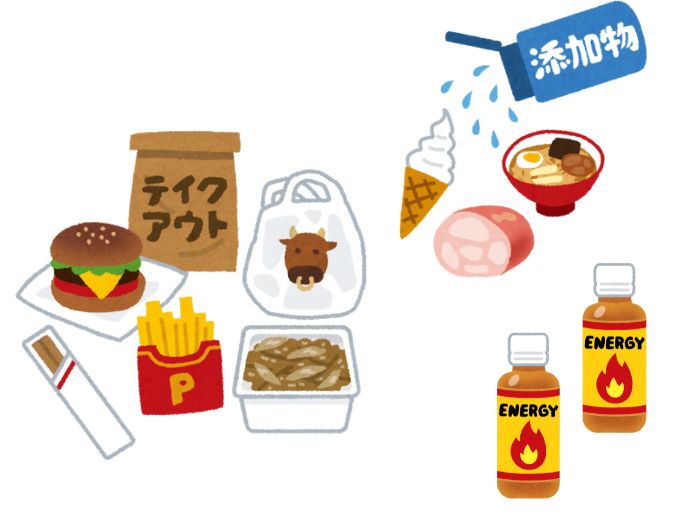 添加物、ジャンクフード、栄養ドリンクのイメージイラスト