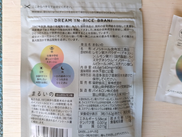 イノシトール「まるいの」のパッケージ裏面表示