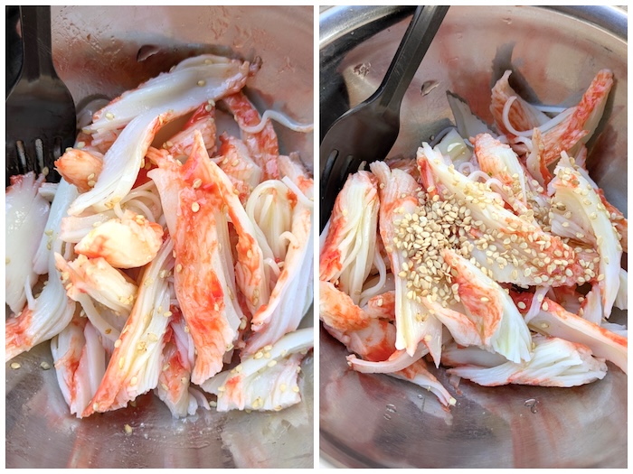 カニカマをほぐしてオイルといりごまとレモン汁を和える