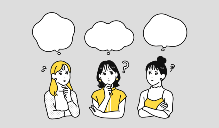 悩む、考える女性のイラスト