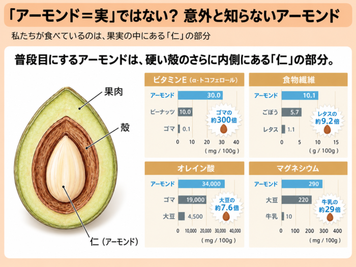 アーモンドに含まれる栄養素の比較（アーモンドミルク研究会の資料より）