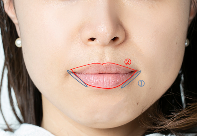 女性の口もと（赤と青の図入り）の画像　