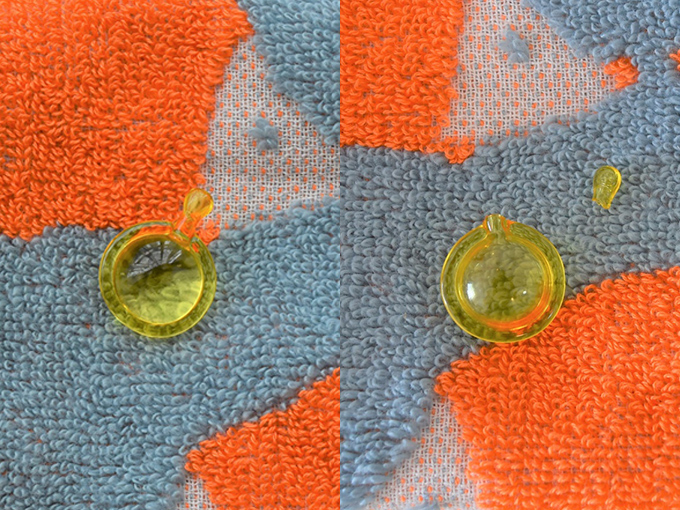 アルガンオイル１粒（左）と、ふたを開けたアルガンオイル（右）画像