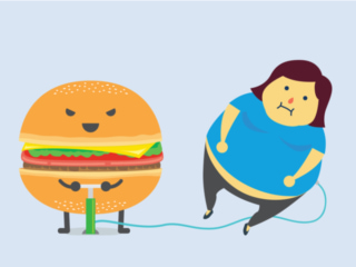 ハンバーガーのキャラクターが空気入れて女性を太らせているイラスト